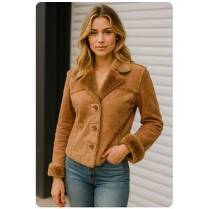 Vintage Y2K USA Leather Brown Suede Cropped Jacket Sherpa Collar Lined Size L